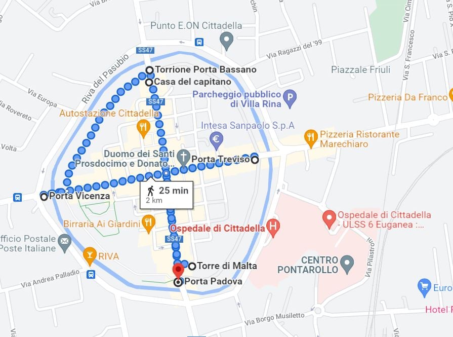 Mapa 01 com as atrações em Cittadella em Pádua